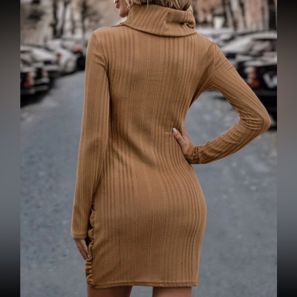 Classic Long Sleeve Cowl Neck Knot Side Wrap Hem Ribbed Dress - Picture 6 of 16